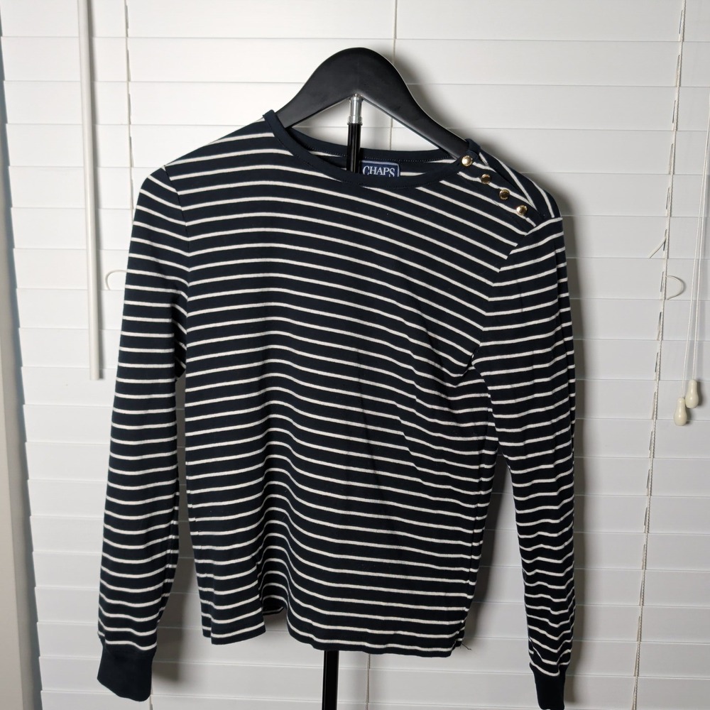 Chaps Striped Long Sleeve Top Women Medium Navy White Gold Button Excellent